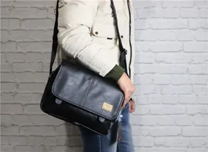 Vintage black PU leather men messenger bag casual crossbody shoulder bag for daily student use.