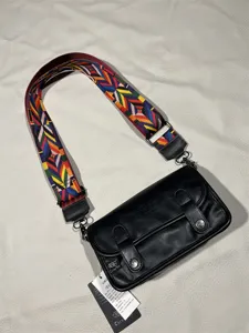 Threebox vintage style retro small crossbody bag with colorful woven strap for daily street wear.
