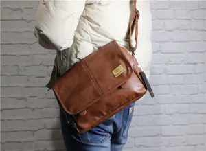 Men retro brown PU leather messenger bag casual crossbody shoulder bag detailed view.