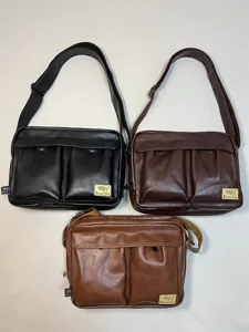 Men PU leather messenger bag casual crossbody shoulder bag with multi pockets and adjustable strap.