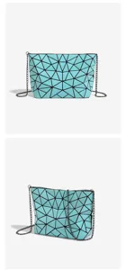 Detail view of light blue geometric lattice chain shoulder bag, stylish casual commuting mini bag.