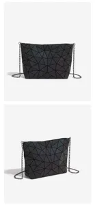Geometric lattice chain shoulder bag, stylish commuter handbag with metallic strap details.