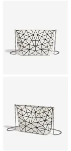 Geometric lattice chain shoulder bag, stylish white PU leather handbag with metal straps.