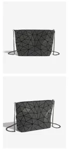 Black geometric lattice chain bag detail view, stylish and modern commuter handbag design.