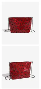 Red geometric lattice shoulder bag with chain strap, stylish minimalist daily handbag detail.