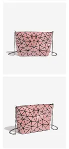 Detail view of pink geometric lattice chain shoulder bag, stylish commuter handbag showcase.