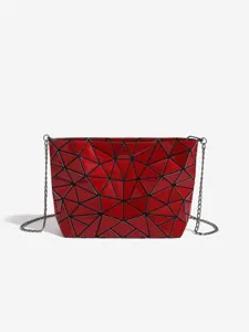 Red geometric lattice chain shoulder bag, stylish casual PU leather crossbody handbag for women.