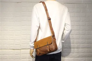 Vintage brown faux leather men messenger bag with flap closure and adjustable strap