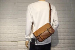 Threebox vintage brown leather men messenger bag casual retro buckle shoulder bag