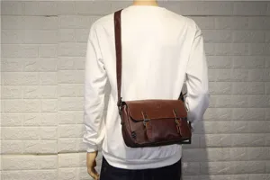 Men vintage brown leather messenger bag casual retro crossbody shoulder bag detail view.