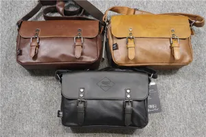 Detail view of Three-box vintage men messenger bags in three colors for casual daily wear.