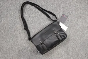 Men black leather messenger bag vintage crossbody bag with dual buckles and adjustable strap