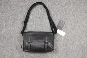 Men black leather messenger bag vintage crossbody shoulder bag with double buckle flap design