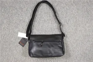 Black leather messenger bag for men with flap closure, adjustable strap, and back zip pocket.