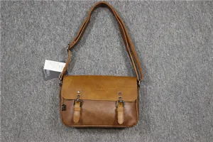 Men vintage brown messenger bag with flap and double buckles, casual retro shoulder bag.
