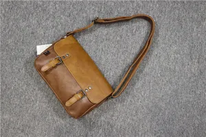 Vintage men's retro brown shoulder messenger bag with dual buckle flap and adjustable strap.
