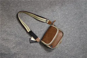 Casual men's crossbody bag with stylish striped strap brown leather daily fashion shoulder bag