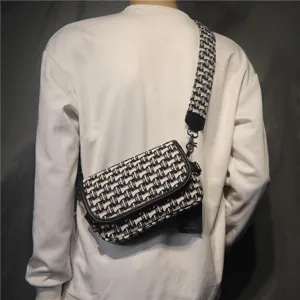 Sac Bandoulière en Toile pour Hommes Noir Blanc Carreau Style Japonais Sac d'Épaule Décontracté