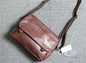 Brown PU leather messenger bag for men, vintage retro crossbody shoulder bag with adjustable strap.