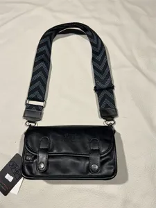 Retro black crossbody bag for men and women, vintage messenger shoulder bag with wide strap.