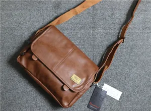 Vintage brown PU leather mens messenger bag, stylish retro crossbody shoulder bag for daily use.