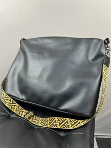 Black large capacity men messenger bag with yellow geometric pattern strap stylish daily carry