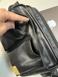 Men black faux leather messenger bag casual crossbody bag with multiple pockets detailed view