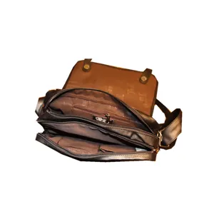 Vintage black leather men messenger bag with multiple compartments, retro shoulder bag style.
