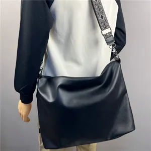 Stylish large capacity men's messenger bag with patterned wide strap, casual shoulder bag.