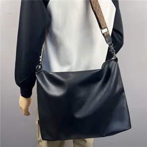 Men's large capacity messenger bag black PU leather crossbody casual shoulder travel bag