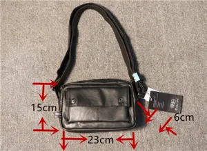 Men's black PU leather casual crossbody bag detail view showcasing front pocket design.