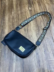 Black casual shoulder bag with ethnic pattern wide strap, stylish crossbody bag for daily use.