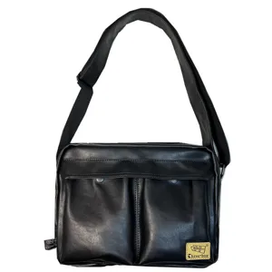 Black PU leather messenger bag for men, casual crossbody bag with multi pockets and strap.