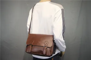 Men vintage brown leather messenger bag casual crossbody shoulder bag for daily school student