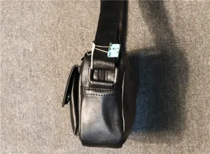 Men black leather casual shoulder bag mini messenger bag with front pocket side detail
