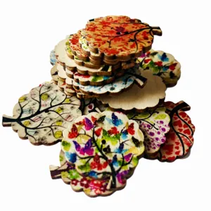 Mixed 3cm wooden buttons two-hole tree shaped colorful printed DIY clothing sewing accessories