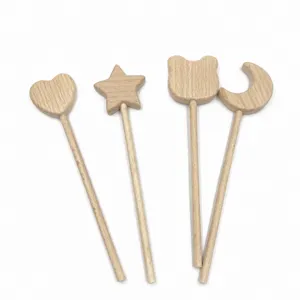 Natural Beech Wood Fairy Wand Photography Prop Star Moon Heart Bear Head Unpainted Wooden Craft Toy Home Decor Ornament