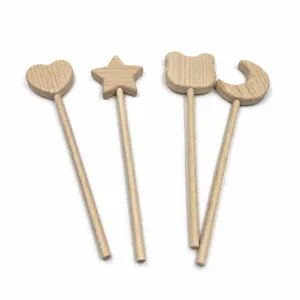 Wooden fairy sticks set featuring star moon heart and bear shapes, natural beech wood photo props.