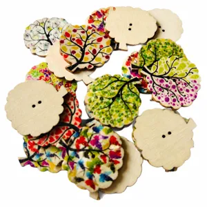 Colorful 3cm wooden tree buttons with two holes, ethnic printed DIY garment accessories.