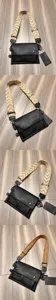 Black crossbody bag for men, wide patterned shoulder strap, casual messenger bag.