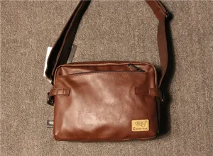 Vintage brown PU leather messenger bag for men, casual retro crossbody shoulder bag.