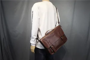 Men's retro leather messenger bag, detailed view of the vintage brown briefcase design and hardware.