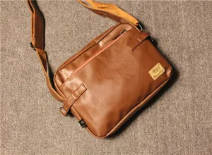 Retro mens brown PU leather shoulder messenger bag casual crossbody travel bag for men