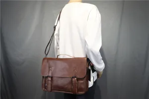 Vintage leather messenger bag for men, stylish casual business shoulder crossbody bag with dual buckles.