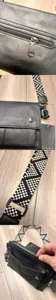 Black PU leather men's messenger bag detail view with geometric strap and zip pocket.
