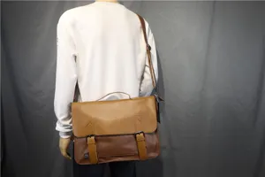 Mens retro PU leather messenger bag with double buckles top handle and adjustable strap.