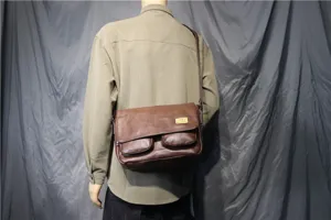 Vintage brown leather messenger bag for men casual flap shoulder crossbody bag styling