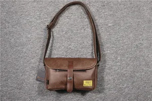 Brown PU leather crossbody bag for men, vintage shoulder bag with magnetic snap and zipper pocket.