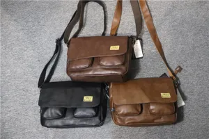 Men vintage messenger bag PU leather casual shoulder crossbody bag multi-pocket satchel