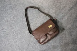 Threebox vintage brown leather messenger bag, casual crossbody shoulder bag for men and women.